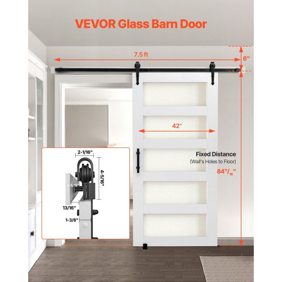 VEVOR Sliding Barn Door, 1067 x 2134mm, High-Strength MDF Panel and Glass, Barn Door with Hardware Kit, Water-Proof PVC Surface, Easy to Install, H-Frame, Smoothly and Quietly Sliding for Living Room