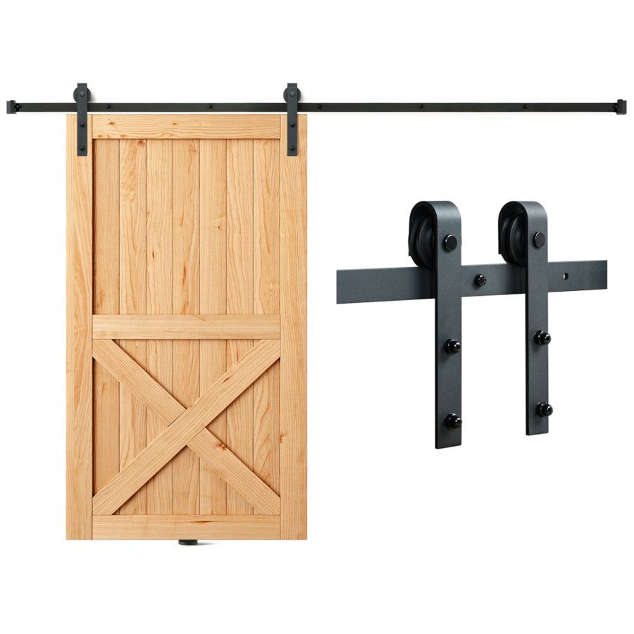 VEVOR 8FT Sliding Barn Door Hardware Kit, 149.7 kg Loading Heavy Duty Barn Door Track Kit for Single Door, Fit 112.8-131.1 cm Wide and 3.3-4.6 cm Thick Door Panel, with Smooth & Silent Pulley (J Shape)
