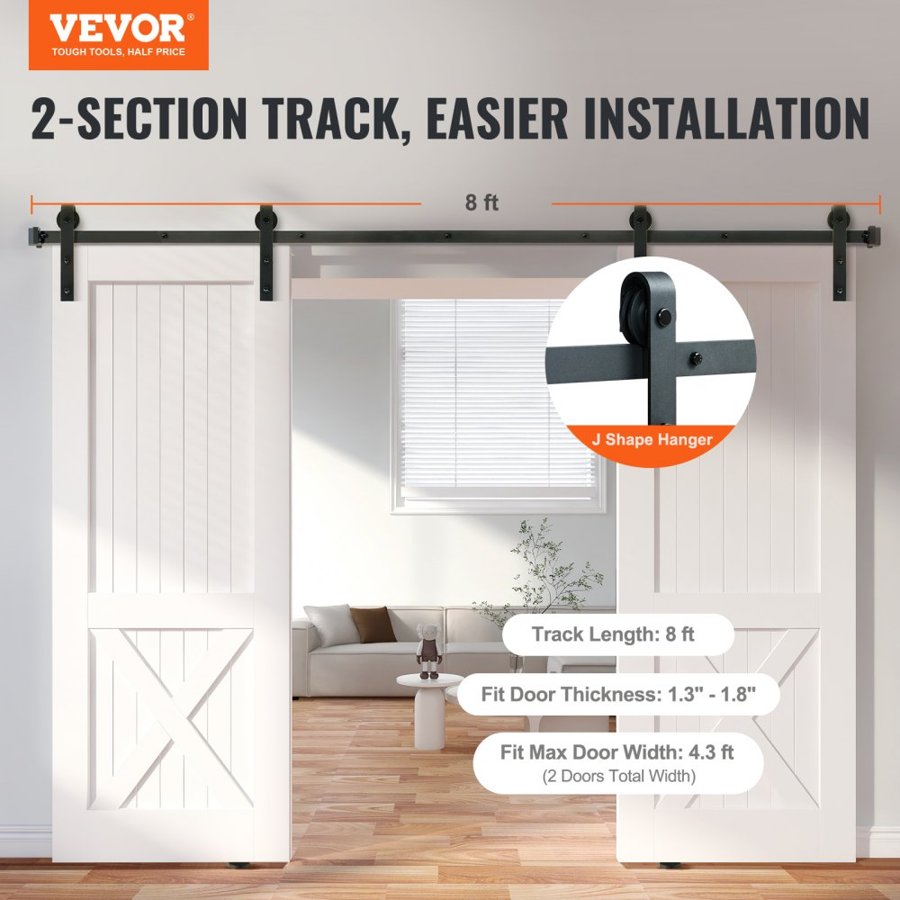 VEVOR 243.8 cm Sliding Barn Door Hardware Kit, 149.7 kg Heavy Duty Barn Door Track Kit for Double Doors, Fit 112-131cm Total Width and 3.3-4.6cm Thick 2 Door Panels, with Smooth & Silent Pulley (J Shape)
