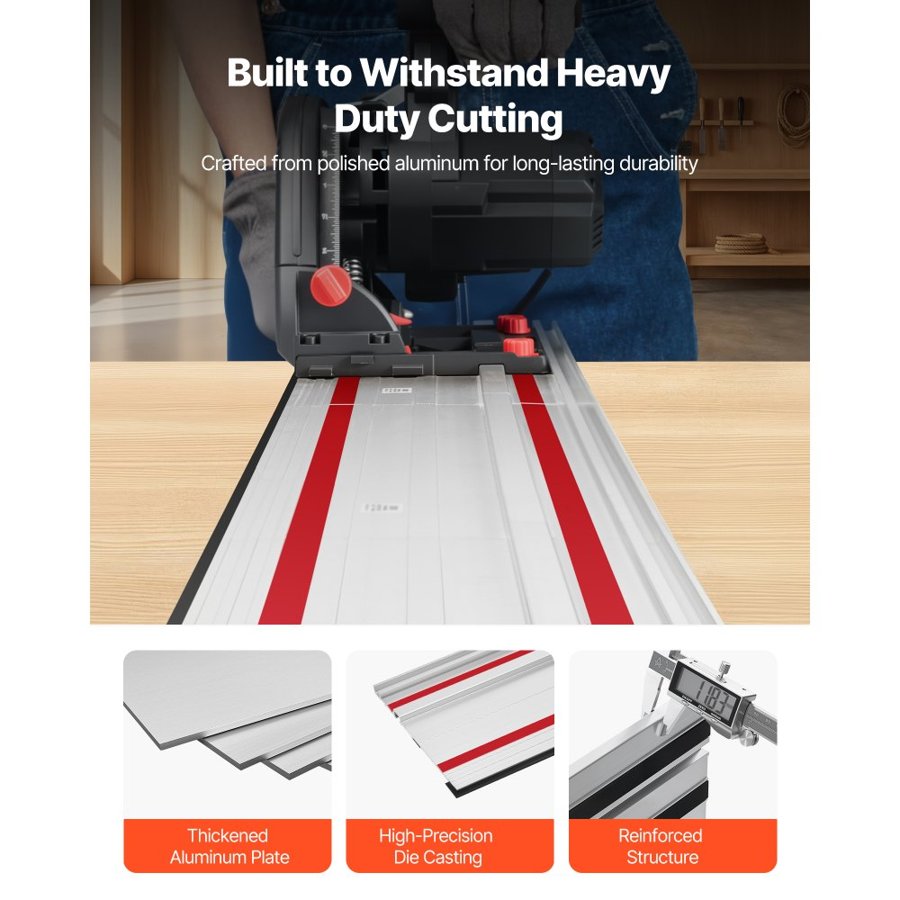 VEVOR Track Saw Guide Rail, 2794 mm Cutting Range, Kit Includes 4 x 698.5 mm Aluminum Extruded Guide Rails and 3 Connectors, Compatible with Makita, Festool & WEN Track Saws, for Woodworking Projects
