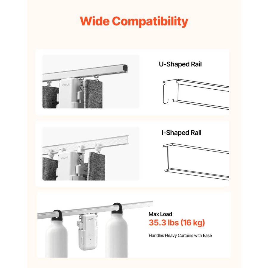 VEVOR Automatic Curtain Opener, APP and Remote Control, Hub Included, Electric Smart Curtain Opener Compatible with Alexa and Google Home, Timed Opening and Closing, for U-shaped/I-shaped Rails