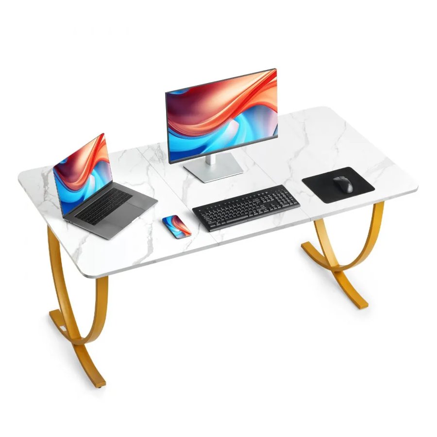 VEVOR Executive Desk, 160 cm W x 80 cm D Large Office Desk, Modern Computer Table Conference Meeting Room Table, Business Furniture Enlarged Desktop for Home Office, White and Gold