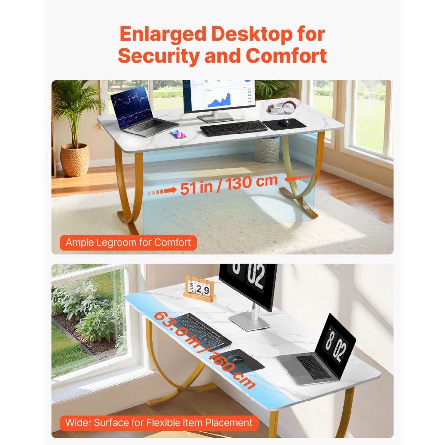 VEVOR Executive Desk, 160 cm W x 80 cm D Large Office Desk, Modern Computer Table Conference Meeting Room Table, Business Furniture Enlarged Desktop for Home Office, White and Gold