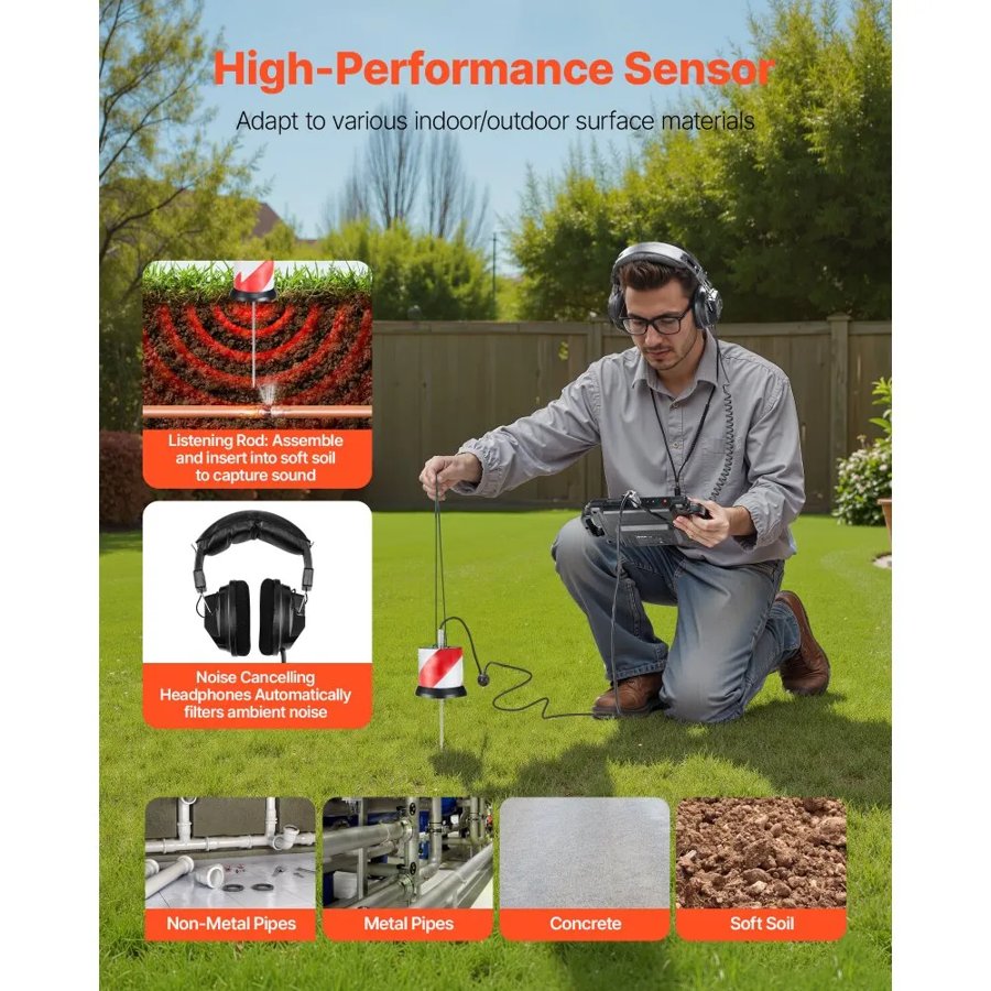 VEVOR Underground Water Pipe Leak Detector – 7",1-5000Hz, 2m
