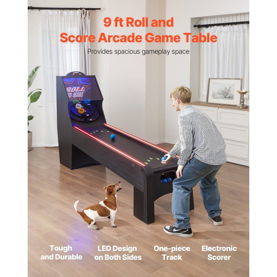 VEVOR 9' Roll and Score Classic Arcade Game Table, Indoor Skeeball Machine Game Set with LED Electronic Scorer, Sound, Automatic Ball Return for Adults Kids Home Recreation Game Room, 4 Balls Included
