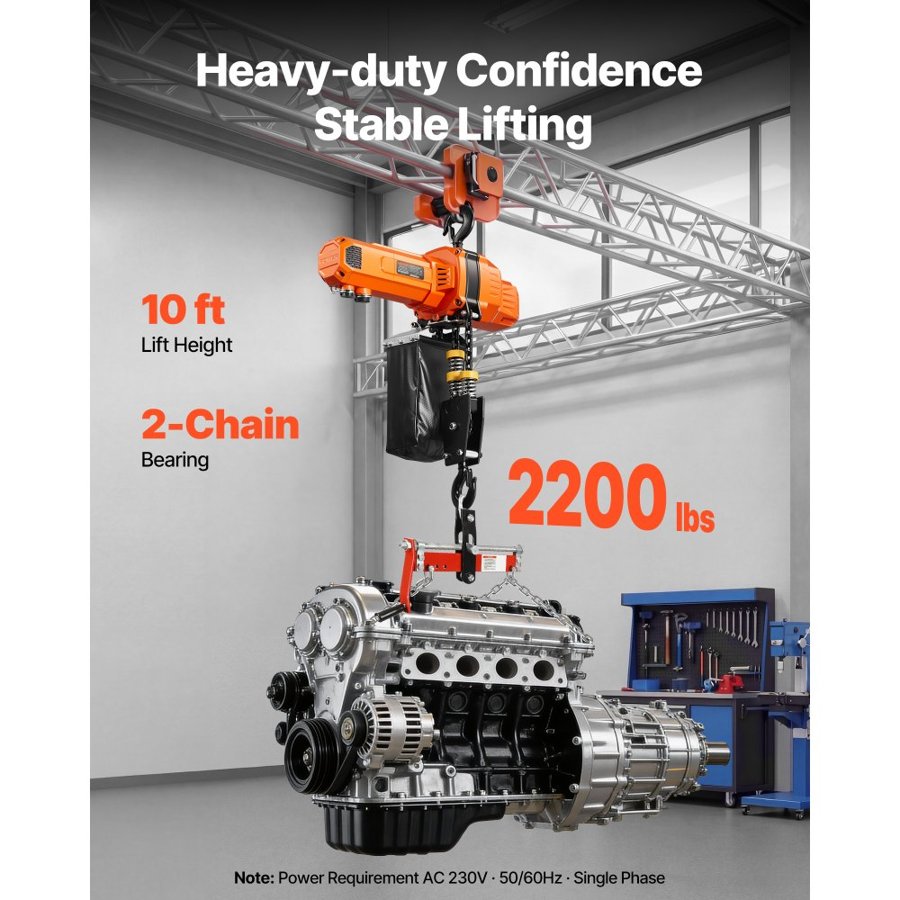 VEVOR Single Phase Hoist – 2200 lbs, Dual-Speed, 10 ft