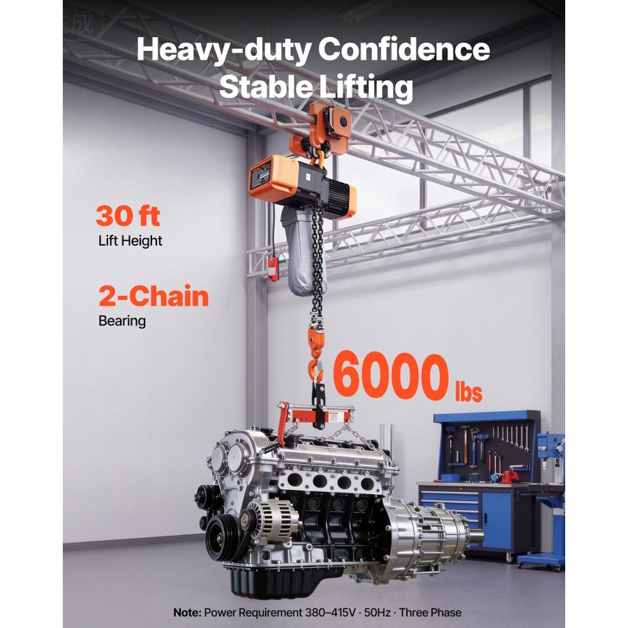 VEVOR 3 Phase Chain Hoist – 6000 lbs, 30 ft, G100 Chain