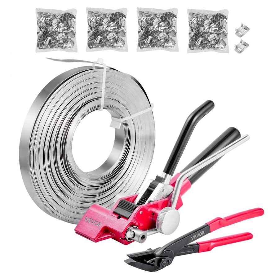 VEVOR Steel Banding Strapping Kit, Heavy Duty Banding Sealer Tool with 122 m Binding Straps, 400 Metal Clasps, Manual Pallet Packaging Strapping Kit for Warehouse, Transportation, Industrial Bundling