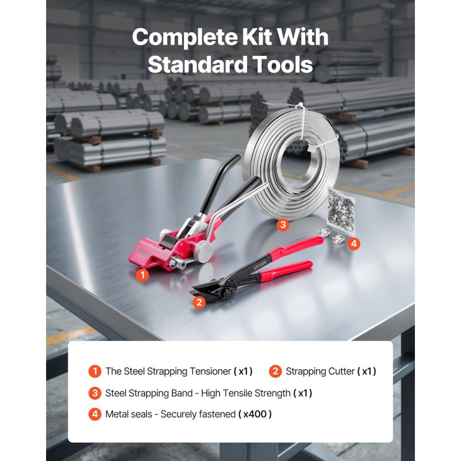VEVOR Steel Banding Strapping Kit, Heavy Duty Banding Sealer Tool with 122 m Binding Straps, 400 Metal Clasps, Manual Pallet Packaging Strapping Kit for Warehouse, Transportation, Industrial Bundling