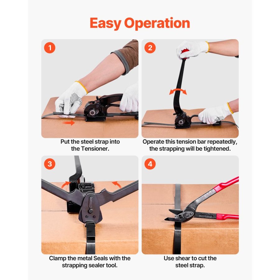 VEVOR Steel Banding Strapping Kit, Heavy Duty Banding Sealer Tool with 183 m Binding Straps, 300 Metal Seals, Manual Pallet Packaging Strapping Kit for Warehouse, Transportation, Industrial Bundling