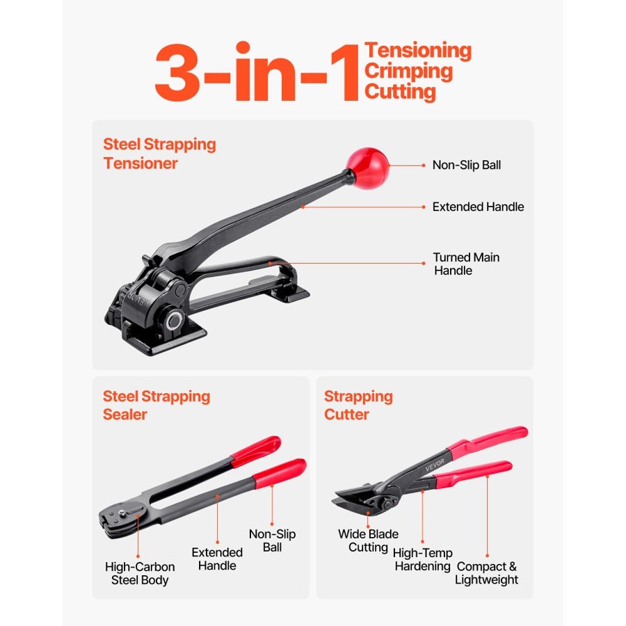 VEVOR Steel Banding Strapping Kit, Heavy Duty Banding Sealer Tool with 183 m Binding Straps, 300 Metal Seals, Manual Pallet Packaging Strapping Kit for Warehouse, Transportation, Industrial Bundling