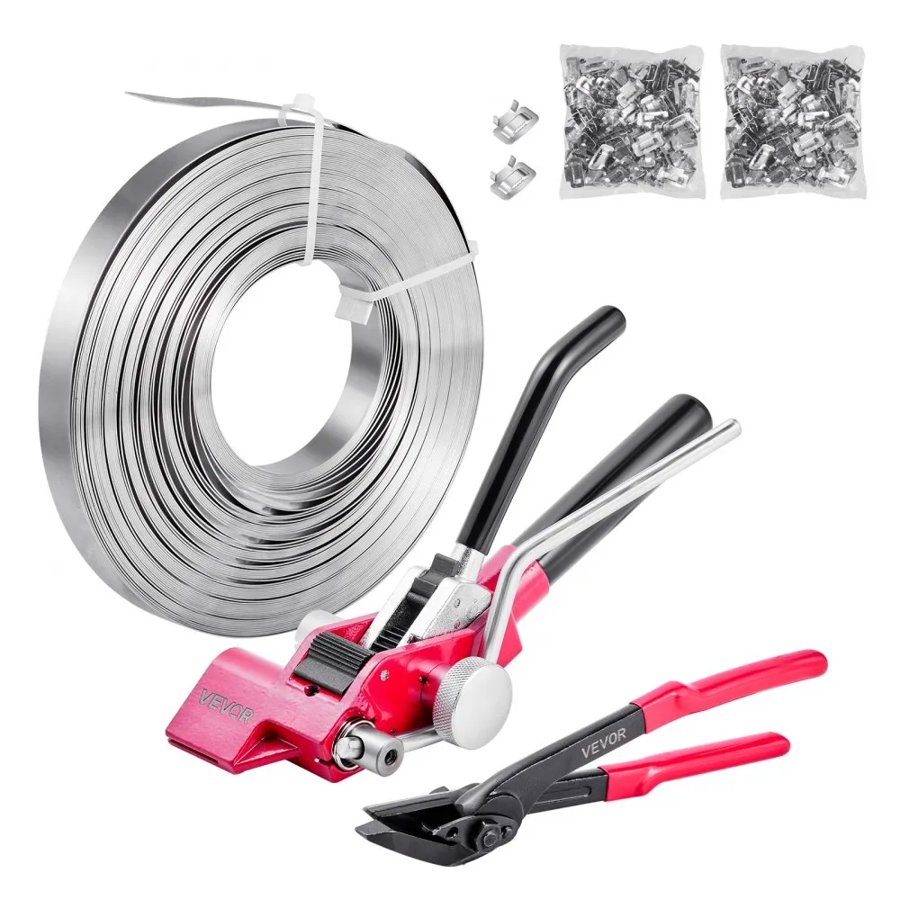 VEVOR Steel Banding Strapping Kit, Heavy Duty Banding Sealer Tool with 60 m Binding Straps, 200 Metal Clasps, Manual Pallet Packaging Strapping Kit for Warehouse, Transportation, Industrial Bundling