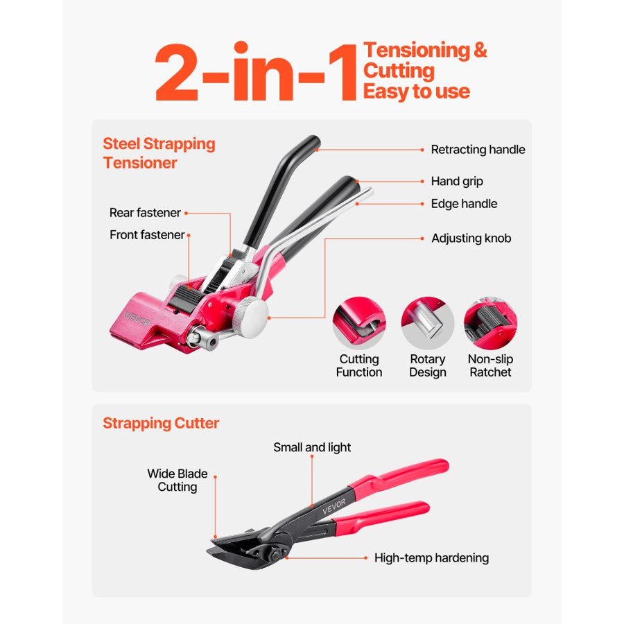 VEVOR Steel Banding Strapping Kit, Heavy Duty Banding Sealer Tool with 60 m Binding Straps, 200 Metal Clasps, Manual Pallet Packaging Strapping Kit for Warehouse, Transportation, Industrial Bundling