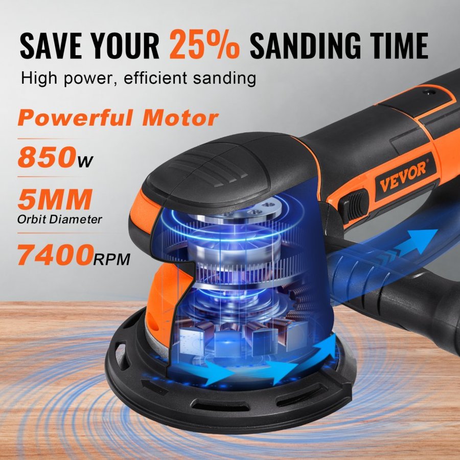 VEVOR Dual Action Orbital Sander – 6-Inch, 850W, 6-Speed