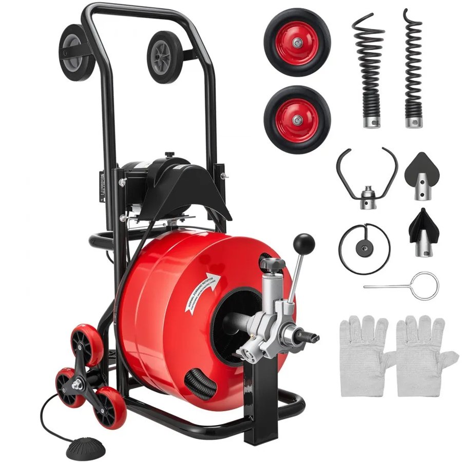 VEVOR Drain Cleaner Machine 30m x 19mm, Auto Feed Sewer Snake Auger, Portable Drain Cleaning Machine with Multi-Wheel Combination, 6 Cutters & Air-Activated Foot Switch for 100mm to 200mm Pipes