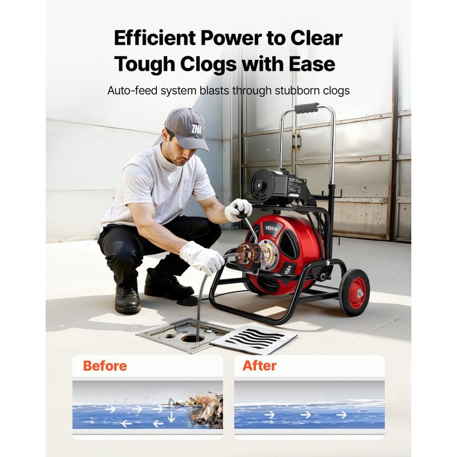 VEVOR Drain Cleaner Machine 30m x 12.7mm, Auto Feed Sewer Snake Auger, Portable Drain Cleaning Machine with Climbing Wheels, Adjustable Drum, 8 Cutters & Foot Switch for 50mm to 150mm Pipes