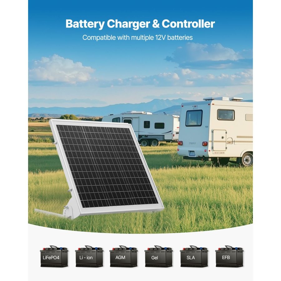 VEVOR 20W Solar Trickle Charger – 122in Cable, 43.3in Clips