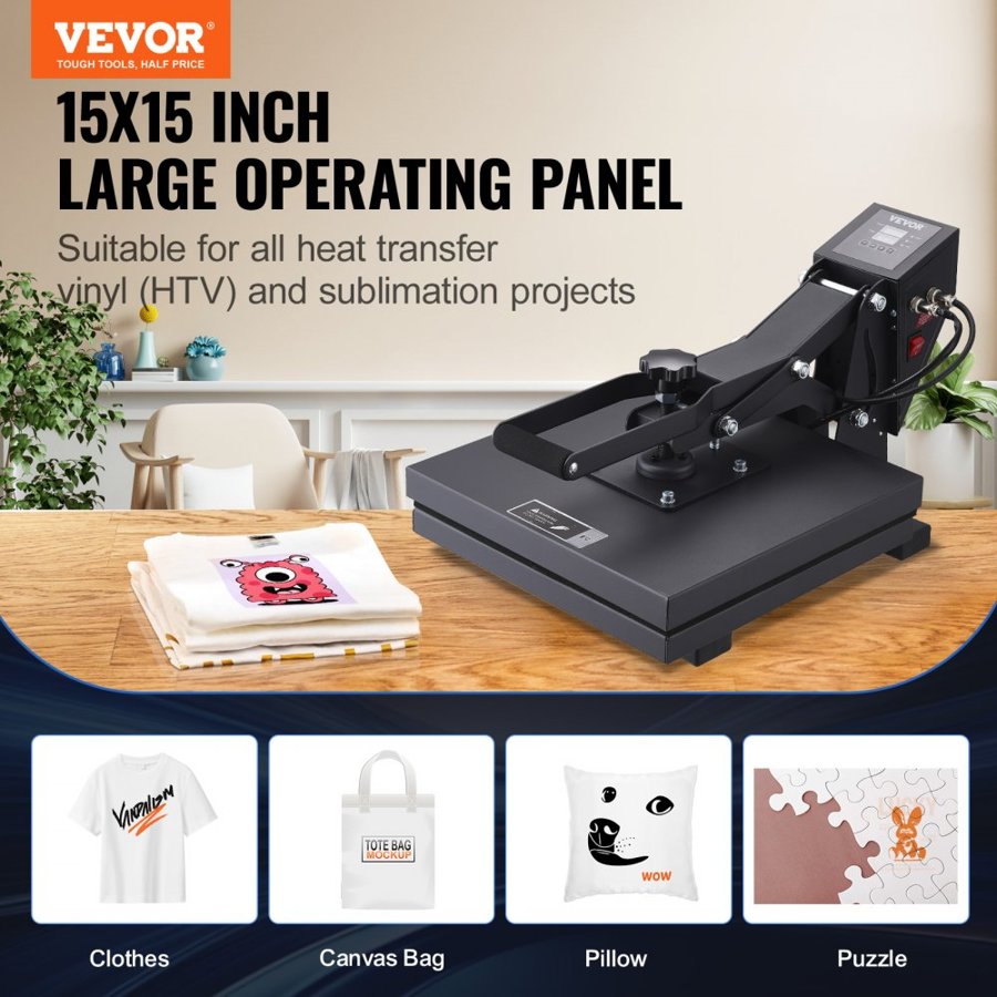 VEVOR Heat Press Machine 38 x 38 cm Heat Transfer Machine for T-Shirts, for Heat Transfer Vinyl, Fast and Even Heating, High Pressure for Digital Industrial-Quality Sublimation Printer, Black