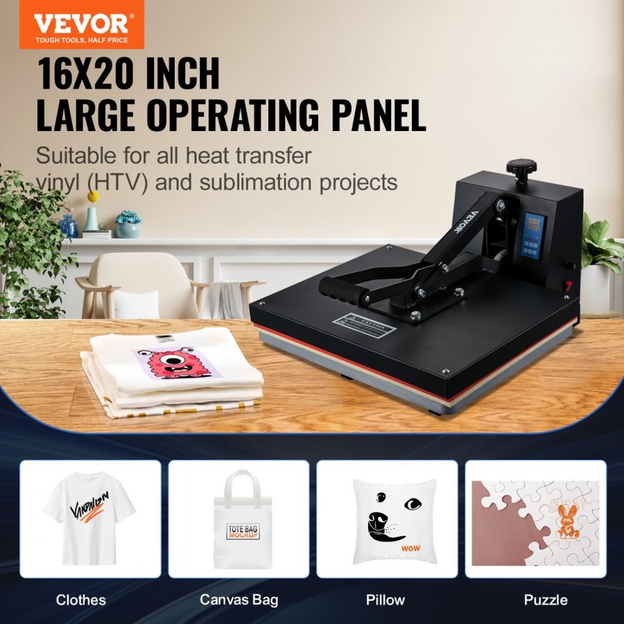 VEVOR Heat Press Machine 40.6 x 51 cm High Pressure T-shirt Press Black, for T-Shirts, Fast Heating, Precise Control, Digital Industrial Sublimation Printer for Heat Transfer Vinyl, Easy to Use
