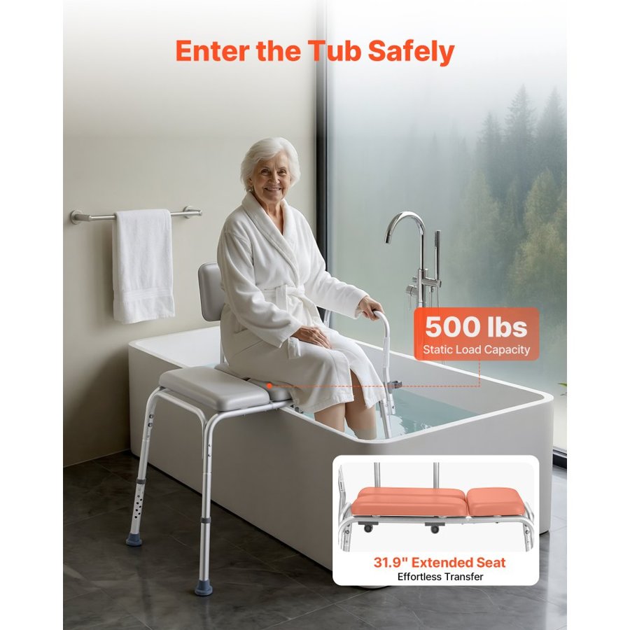 VEVOR Tub Transfer Bench for Bathtub, 227 kg Weight Capacity Heavy Duty Shower Chair with Arm and Backrest, Height Adjustable Bathroom Shower Bench Bath Seat for Adults, Seniors, Elderly and Disabled