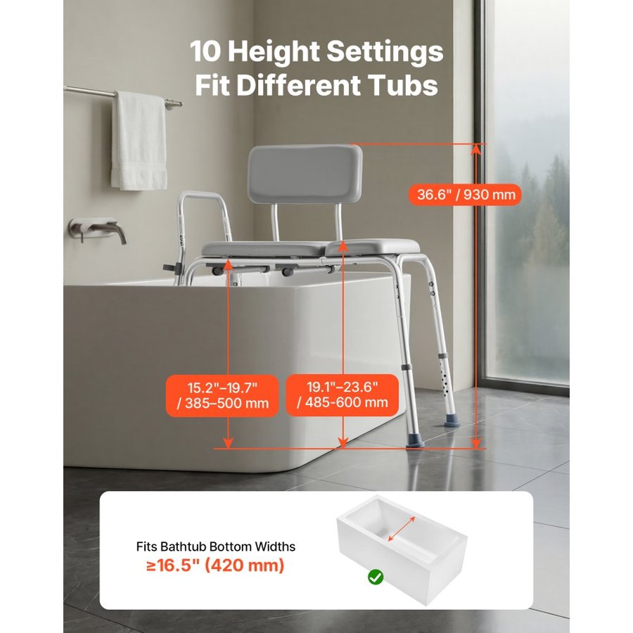 VEVOR Tub Transfer Bench for Bathtub, 227 kg Weight Capacity Heavy Duty Shower Chair with Arm and Backrest, Height Adjustable Bathroom Shower Bench Bath Seat for Adults, Seniors, Elderly and Disabled