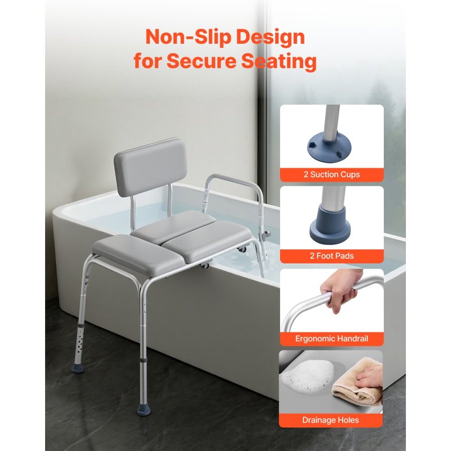 VEVOR Tub Transfer Bench for Bathtub, 227 kg Weight Capacity Heavy Duty Shower Chair with Arm and Backrest, Height Adjustable Bathroom Shower Bench Bath Seat for Adults, Seniors, Elderly and Disabled
