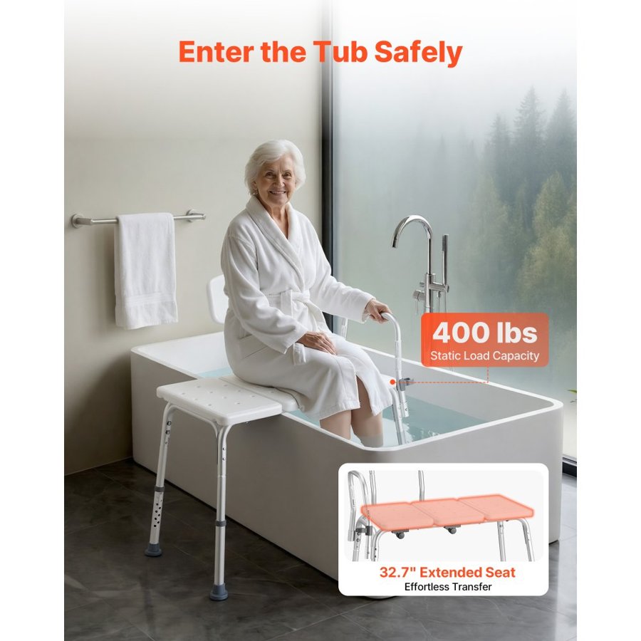 VEVOR Tub Transfer Bench for Bathtub, 180 kg Weight Capacity Heavy Duty Shower Chair with Arm and Backrest, Height Adjustable Bathroom Shower Bench Bath Seat for Adults, Seniors, Elderly and Disabled