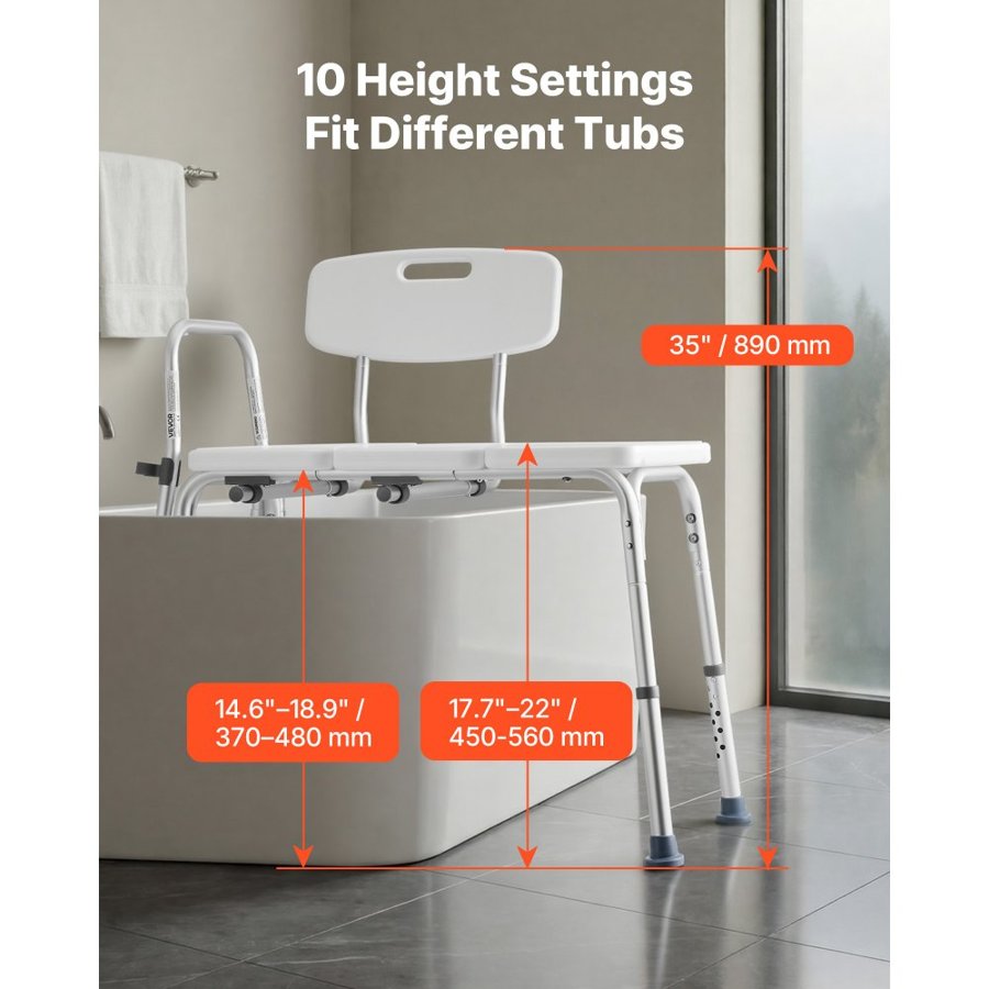 VEVOR Tub Transfer Bench for Bathtub, 180 kg Weight Capacity Heavy Duty Shower Chair with Arm and Backrest, Height Adjustable Bathroom Shower Bench Bath Seat for Adults, Seniors, Elderly and Disabled