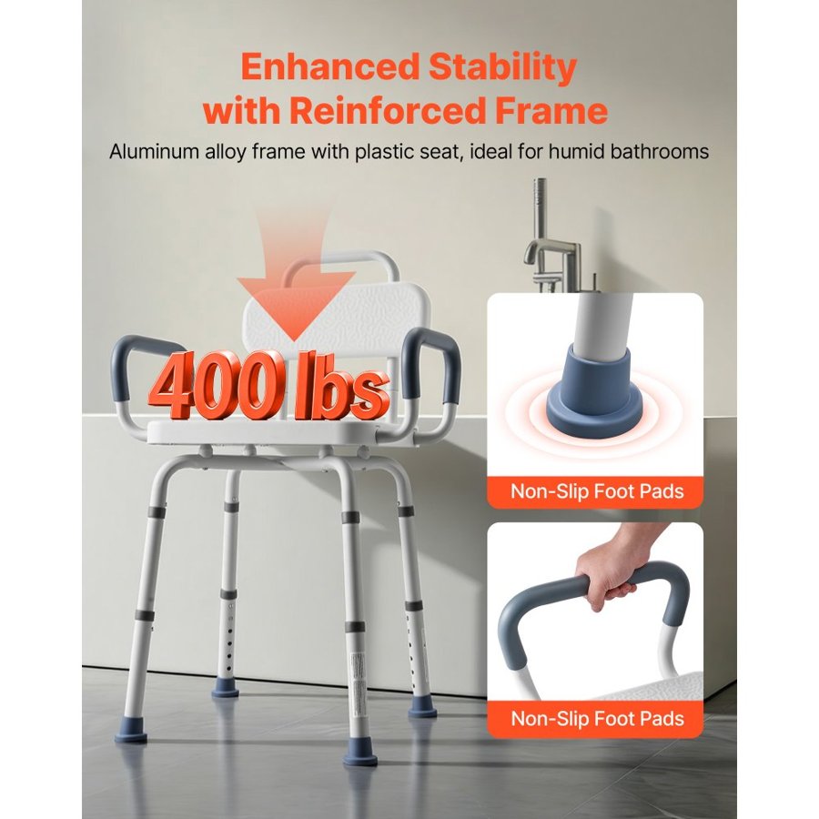 VEVOR Swivel Shower Chair with Arms – 360°, 400 lbs