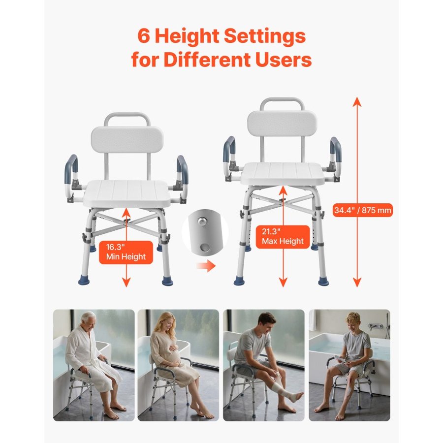 VEVOR Swivel Shower Chair – 500 lbs Capacity, Arms & Back