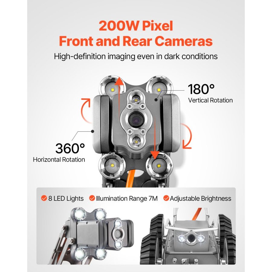 VEVOR Sewer Pipe Inspection Robot, 394FT/120m Pipeline Detection Crawling Robot with 2MP Front/Rear Camera & Touchscreen Tablet, IP68 Plumbing Camera with Lights & Distance Counter for Industrial Pipe