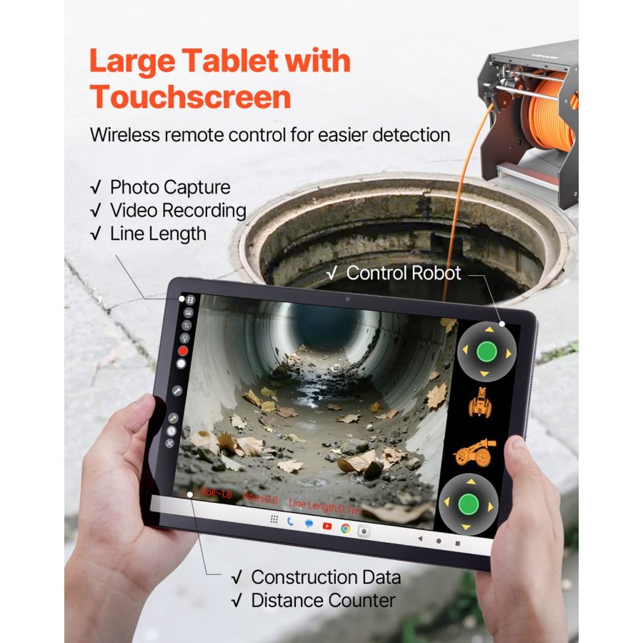 VEVOR Sewer Pipe Inspection Robot, 394FT/120m Pipeline Detection Crawling Robot with 2MP Front/Rear Camera & Touchscreen Tablet, IP68 Plumbing Camera with Lights & Distance Counter for Industrial Pipe