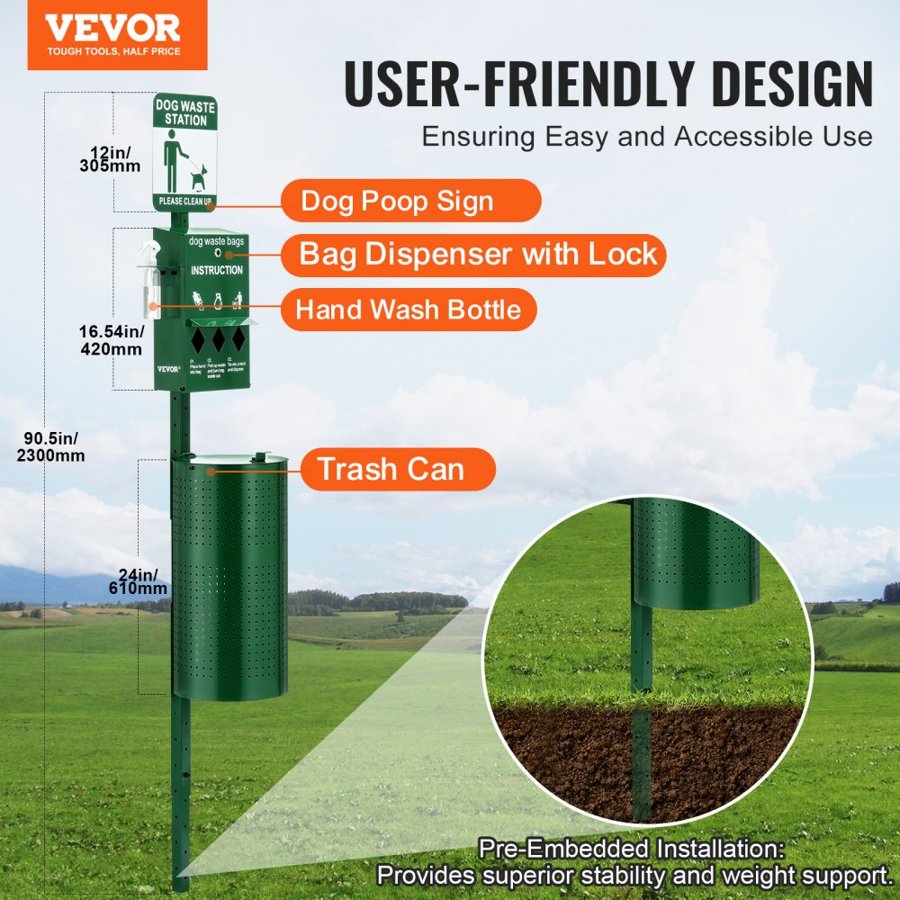 VEVOR Dog Waste Station with Hand Wash Bottle, Commercial Dog Poop Station, 11.5 Gallons Pet Waste Bin with 50 Can Liners, Bag Dispenser & 600 Waste Bags, Outdoor Dog Waste Disposal System for Backyard