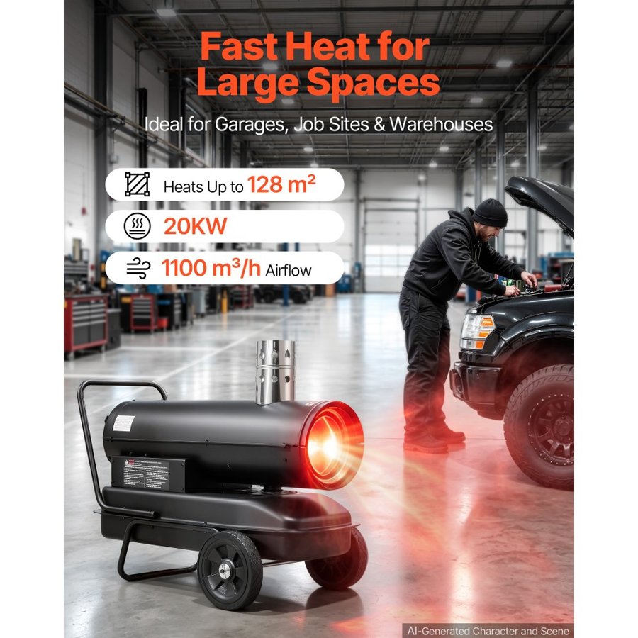 VEVOR Forced Air Kerosene Heater, 20 kW Output Diesel Torpedo Space Heater, for Garage, Warehouse, Workshop, Job Site, Construction, Thermostat Control, Premium Carbon Steel, Indirect-Fired, Black