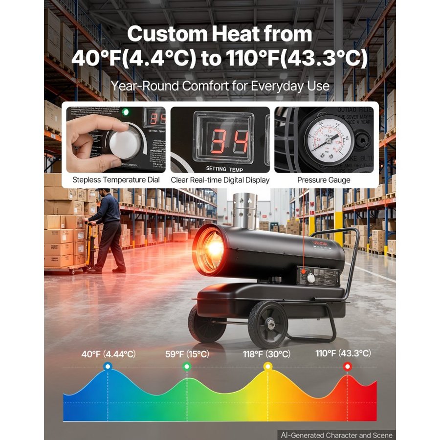 VEVOR Forced Air Kerosene Heater, 20 kW Output Diesel Torpedo Space Heater, for Garage, Warehouse, Workshop, Job Site, Construction, Thermostat Control, Premium Carbon Steel, Indirect-Fired, Black