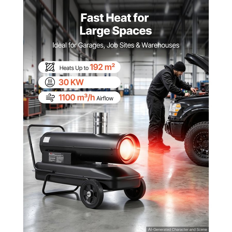 VEVOR Forced Air Kerosene Heater, 30 kW Output Diesel Torpedo Space Heater, for Garage, Warehouse, Workshop, Job Site, Construction, Thermostat Control, Premium Carbon Steel, Indirect-Fired, Black