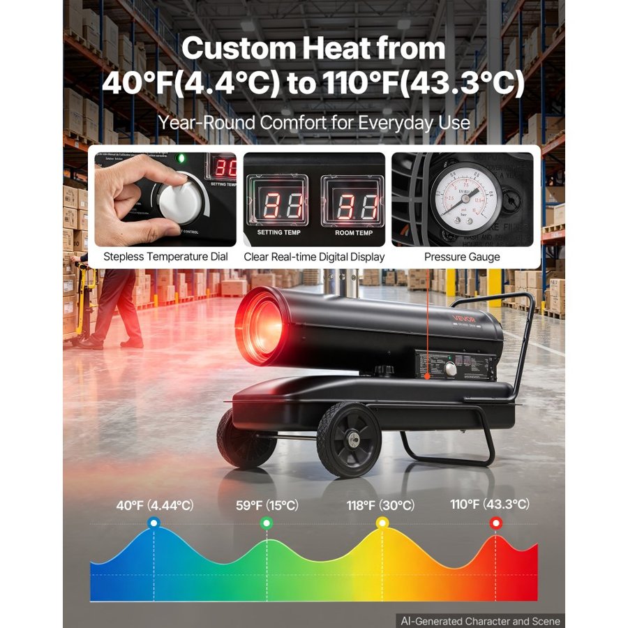 VEVOR Forced Air Kerosene Heater, 30 kW Output Diesel Torpedo Space Heater, for Garage, Warehouse, Workshop, Job Site, Construction, Thermostat Control, Premium Carbon Steel, Indirect-Fired, Black