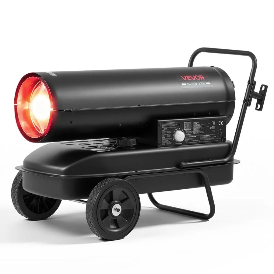 VEVOR Forced Air Kerosene Heater, 30kW Portable Diesel Torpedo Space Heater, for Garage, Warehouse, Workshop, Job Site, Construction, Flexible with Wheels and Thermostat Control, Carbon Steel, Black