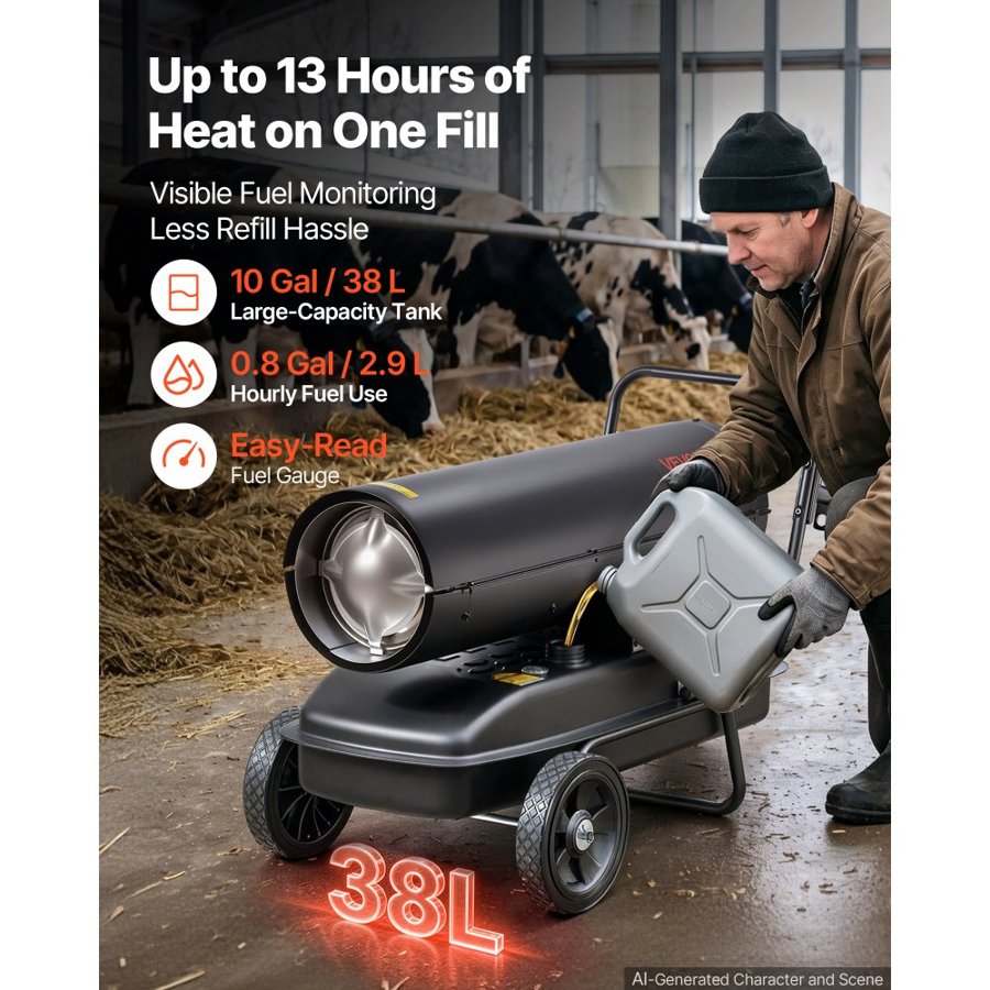 VEVOR Forced Air Kerosene Heater, 30kW Portable Diesel Torpedo Space Heater, for Garage, Warehouse, Workshop, Job Site, Construction, Flexible with Wheels and Thermostat Control, Carbon Steel, Black