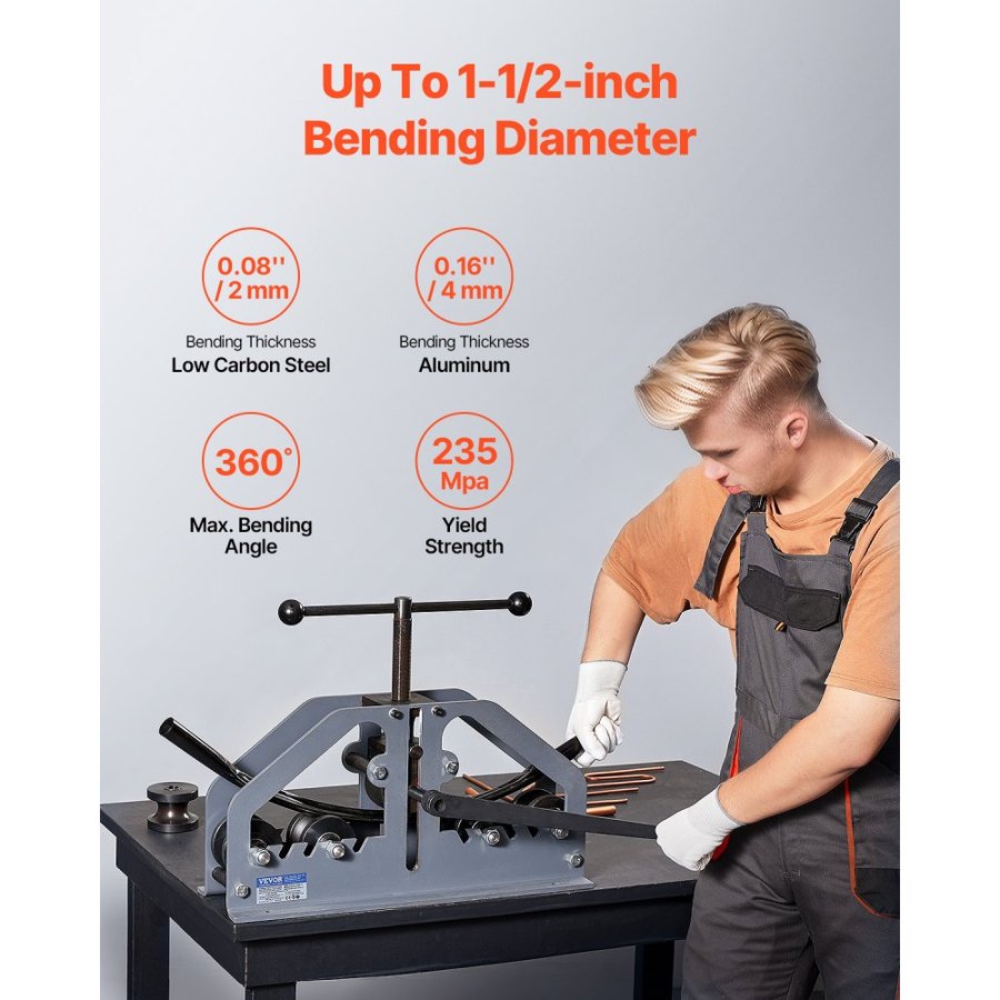 VEVOR Tube Roller Bender, Max 1-1/2" Manual Tube Pipe Roller Bender with 6 Dies, 360° Copper Aluminum Pipe Bending Tool for Square, Round Tube & Flat Bar, Ideal for HVAC Air Conditioning Auto Repair