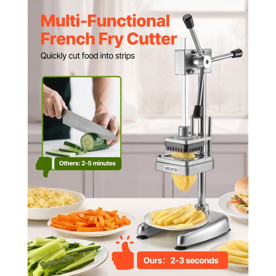VEVOR Commercial French Fry Cutter, Stainless Steel Vegetable Fruit Chopper with 3 Replacement Blades 12.7mm 9.5mm 6.4mm, Manual Potato Slicer Dicer for Restaurants & Home Kitchen