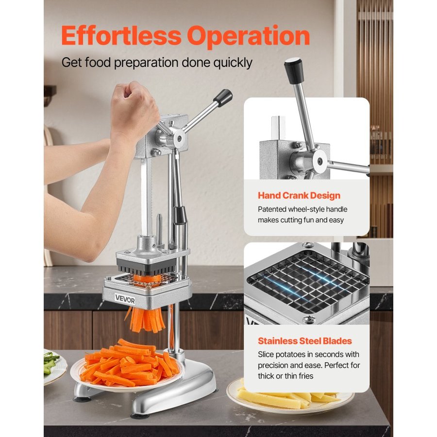 VEVOR Commercial French Fry Cutter, Stainless Steel Vegetable Fruit Chopper with 3 Replacement Blades 12.7mm 9.5mm 6.4mm, Manual Potato Slicer Dicer for Restaurants & Home Kitchen