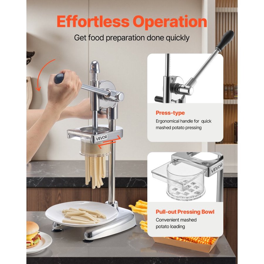 VEVOR Commercial French Fry Cutter, Stainless Steel Fried Potato Strips Squeezer, Long French Fries Maker with Pull-out Extruder, Manual Mashed Potato Squeezer Machine for Restaurants & Home Kitchen