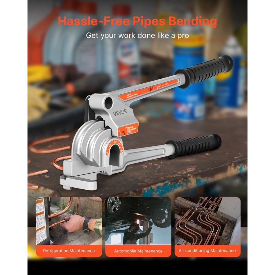 VEVOR Pipe Tube Bender, 1/4" (6.35 mm), 3/8" (9.5 mm), 1/2" (12.7 mm) OD, 3 in 1 Manual Lever Tube Bender, 180° Copper Aluminum Pipes Bending Tool for Automotive Repair, HVAC Air Conditioning
