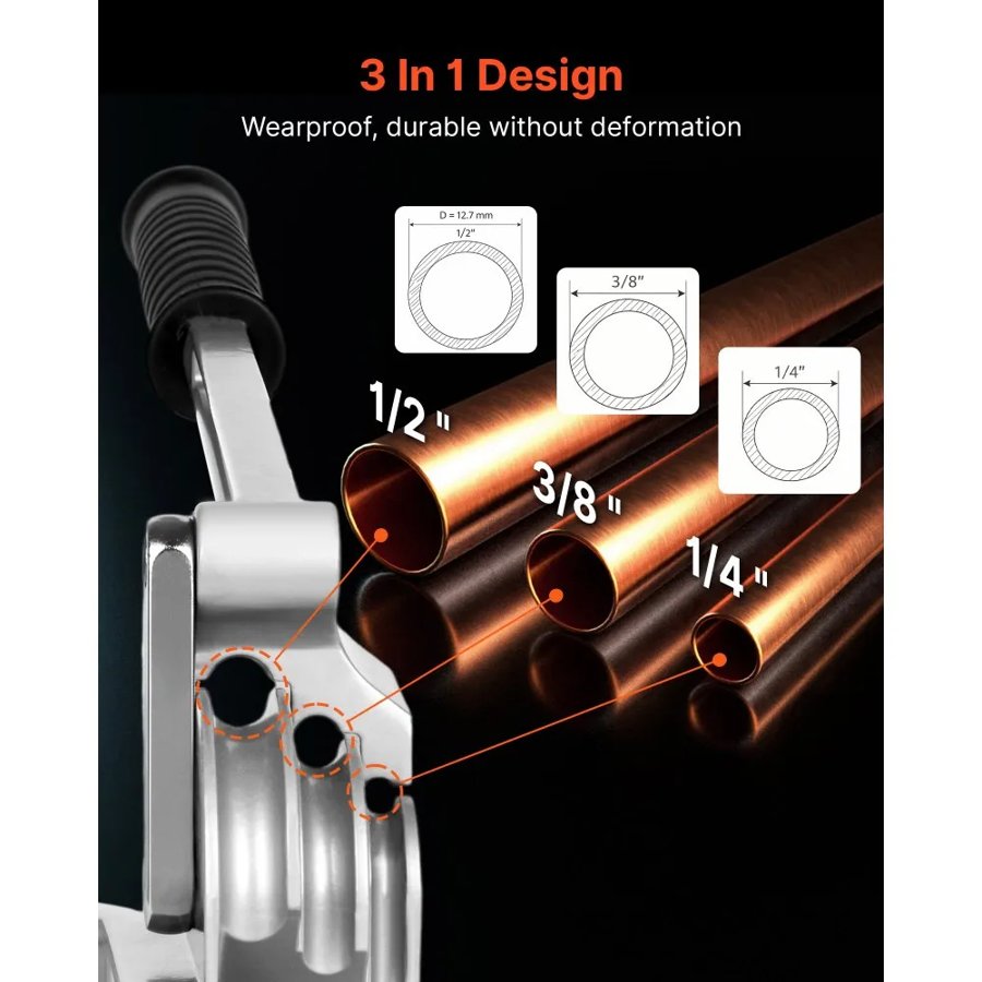 VEVOR Pipe Tube Bender, 1/4" (6.35 mm), 3/8" (9.5 mm), 1/2" (12.7 mm) OD, 3 in 1 Manual Lever Tube Bender, 180° Copper Aluminum Pipes Bending Tool for Automotive Repair, HVAC Air Conditioning