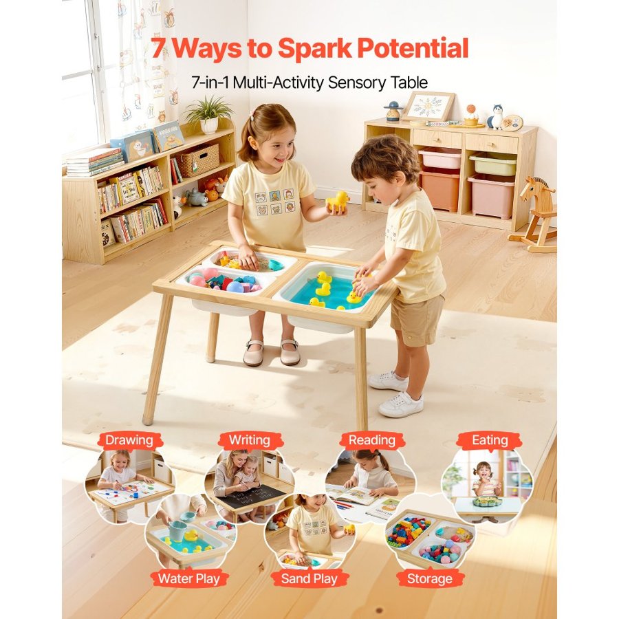VEVOR Sensory Table for Toddlers – Pine Wood, 3 Storage Bins