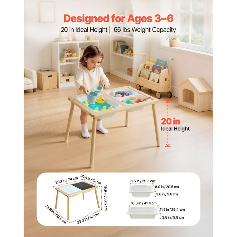 VEVOR Sensory Table for Toddlers – Pine Wood, 3 Storage Bins