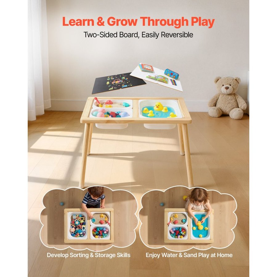 VEVOR Sensory Table for Toddlers – Pine Wood, 3 Storage Bins