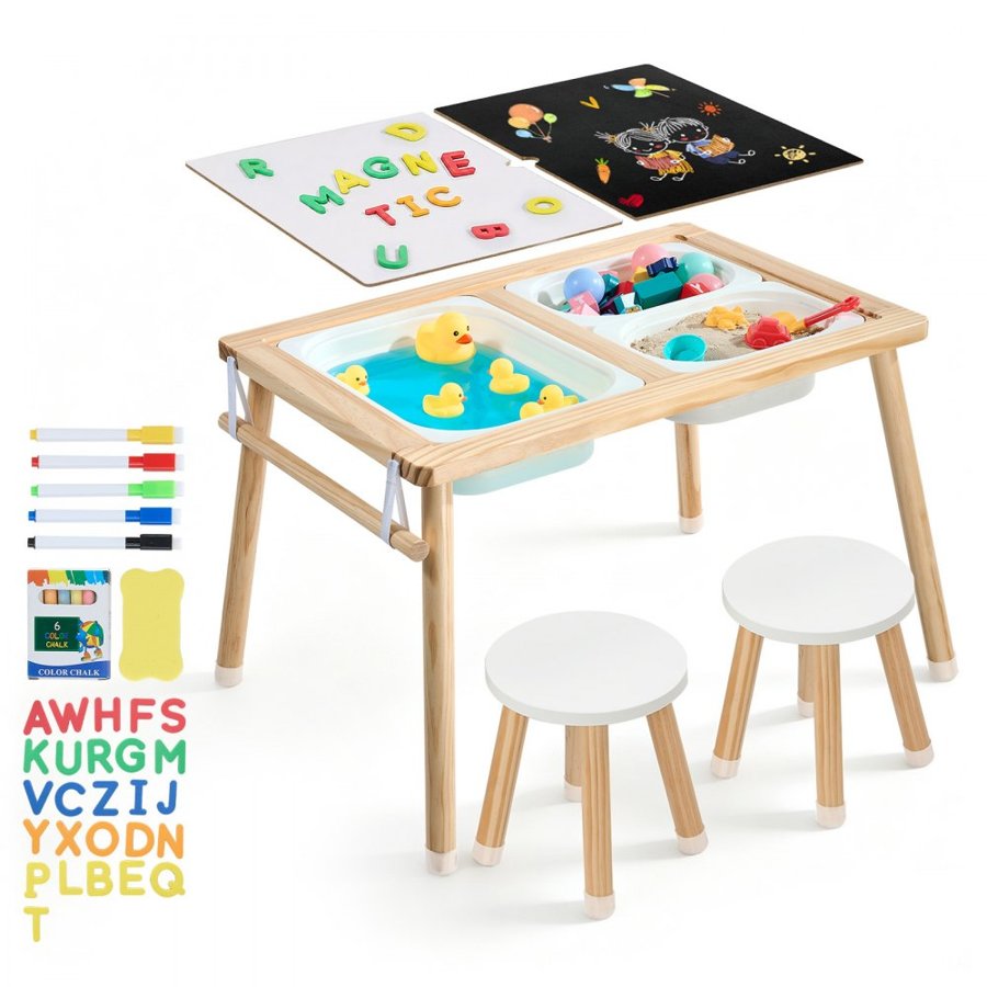 VEVOR Sensory Table for Toddlers, Wooden Kids Activity Table with 2 Stools, Double-Sided Board, Storage Bins, and Non-Slip Feet, for Boys and Girls Playing Sand and Water, Drawing, Studying, Dining