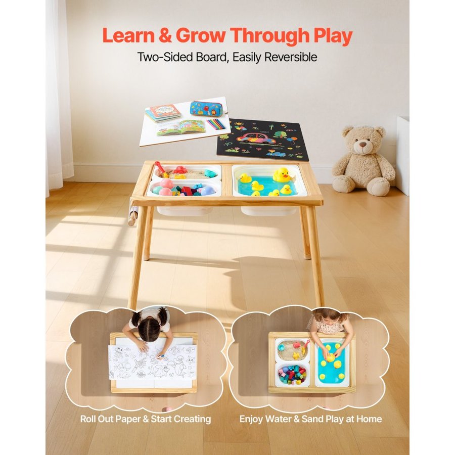 VEVOR Sensory Table for Toddlers, Wooden Kids Activity Table with 2 Stools, Double-Sided Board, Storage Bins, and Non-Slip Feet, for Boys and Girls Playing Sand and Water, Drawing, Studying, Dining